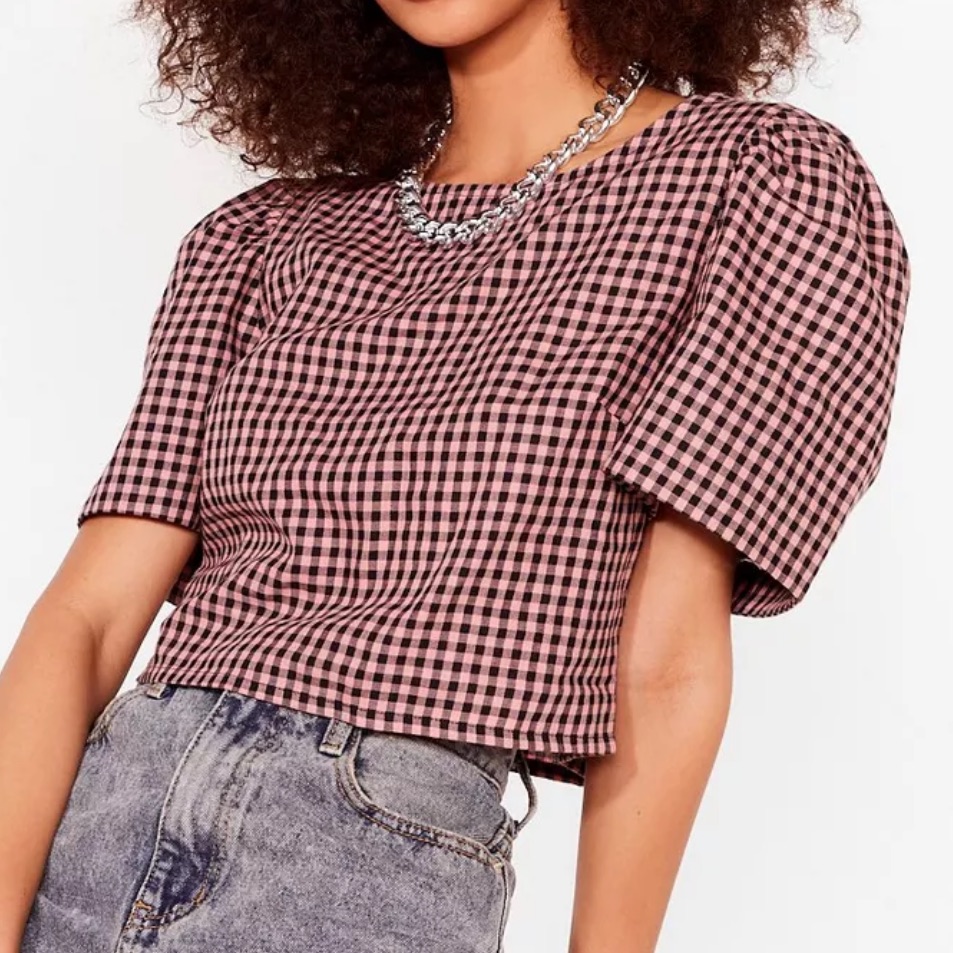 Nasty Gal Gingham Puff Sleeve Crop